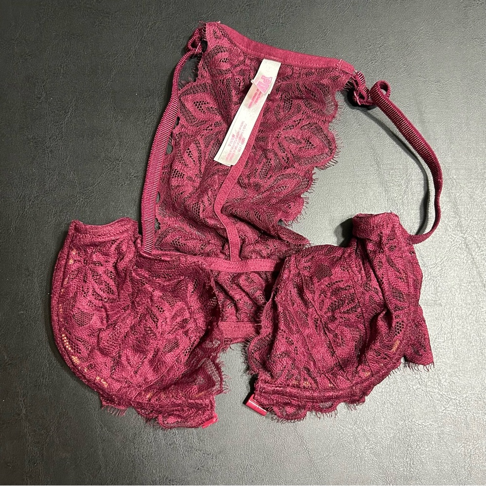 Victoria's Secret PINK Push Up 32DD Front Close Lace Razor Back red maroon